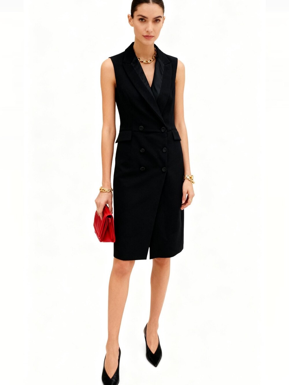Zara Sleeveless Black Double-Breasted Midi Blazer Dress Size M